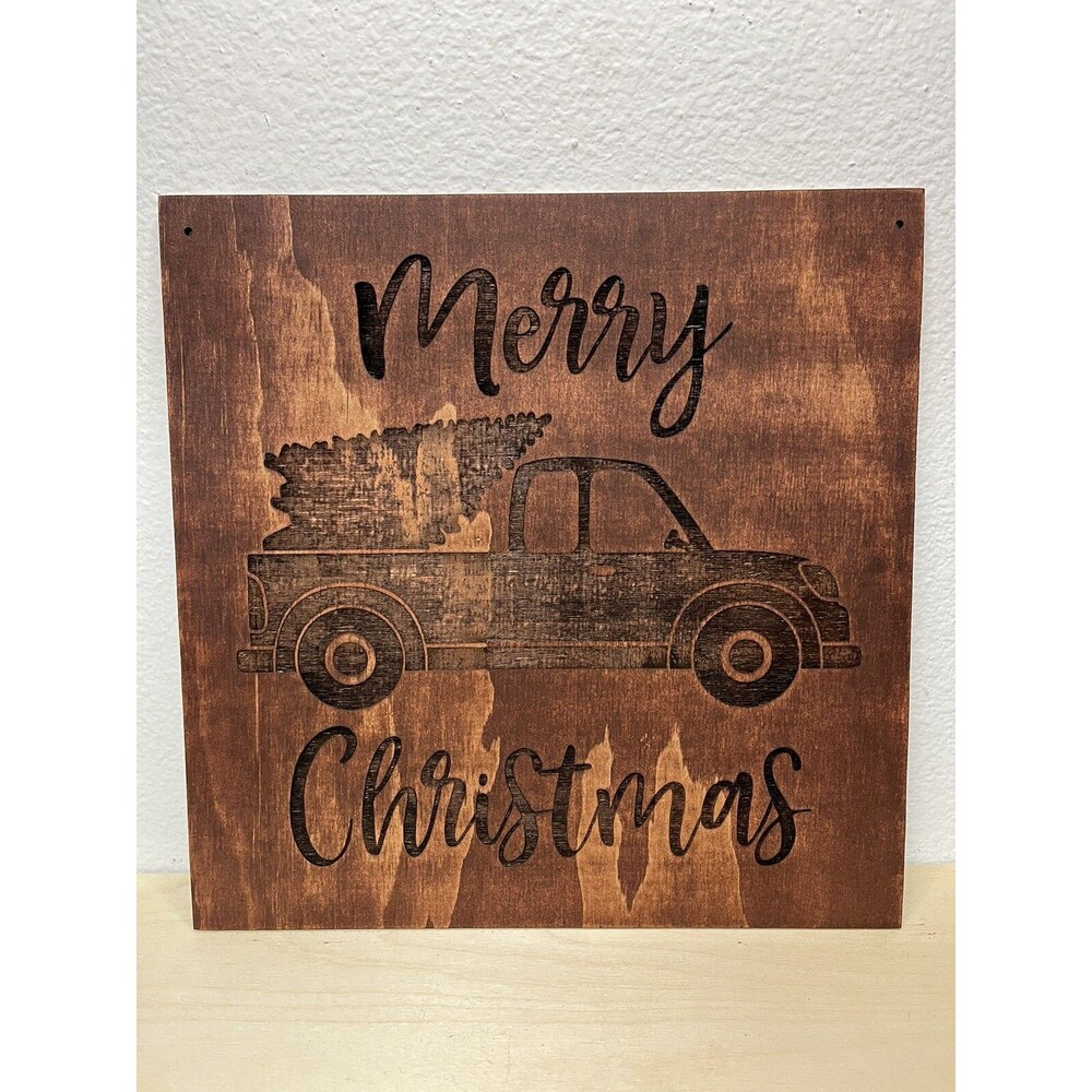 Merry Christmas Wall Art Laser Engraved On 5mm Stained Wood Wall Plaque 12x12